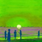 Gouache painting of sunset at Scheveningen Beach with the Hollandse Kust Zuid offshore wind farm on the horizon.