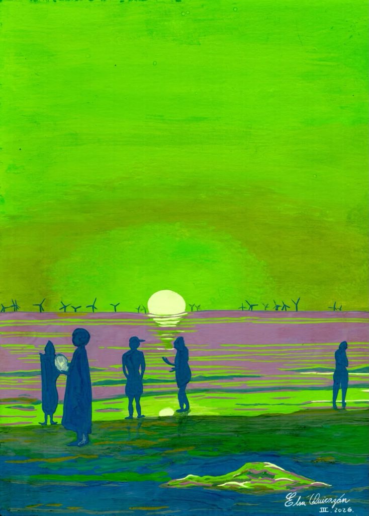 Gouache painting of sunset at Scheveningen Beach with the Hollandse Kust Zuid offshore wind farm on the horizon.