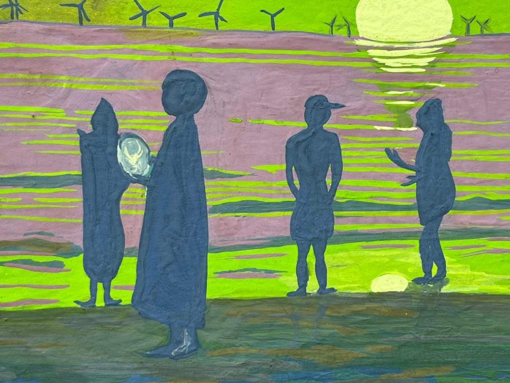 Detalle de las figuras observando el atardecer en la playa de Scheveningen dentro de la pintura en gouache.