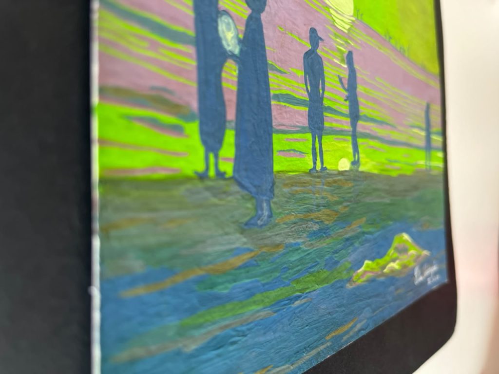 Detalle de la pintura en gouache mostrando las pinceladas, la textura del papel y la paleta limitada de color.