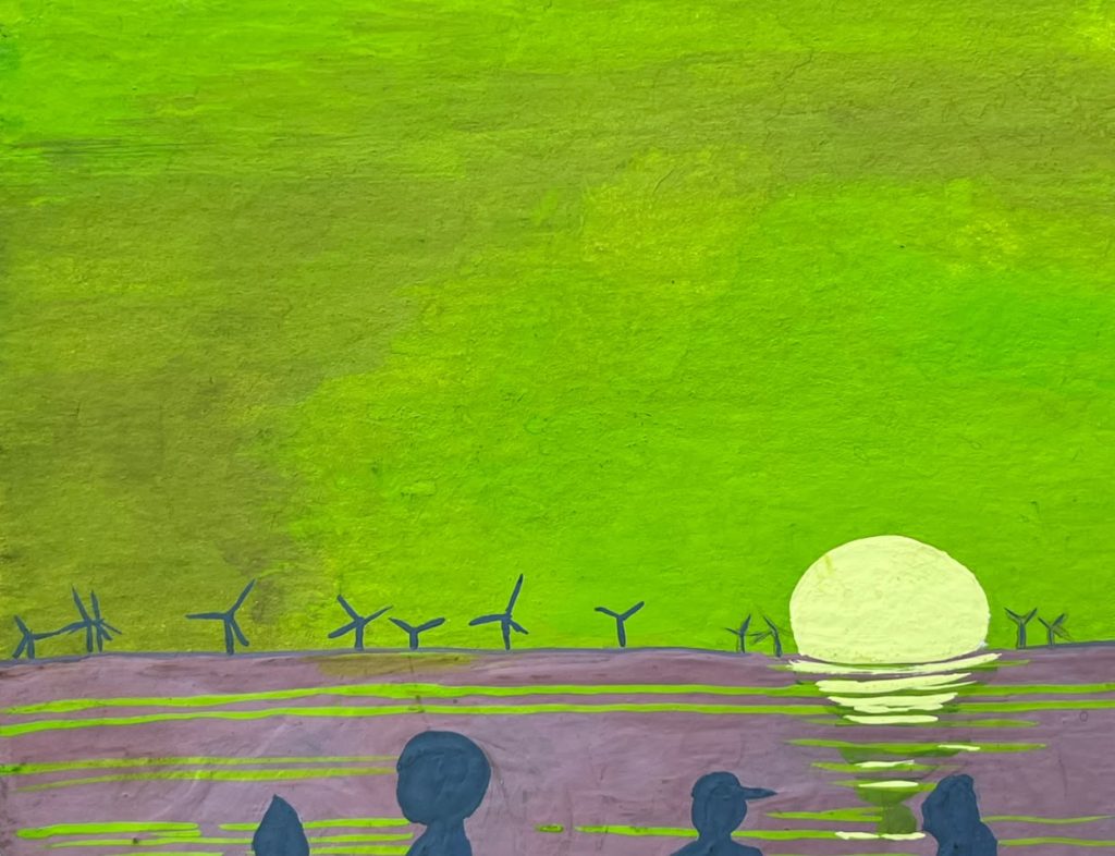 Detalle del horizonte mostrando el parque eólico marino Hollandse Kust Zuid en una pintura en gouache inspirada en Scheveningen.