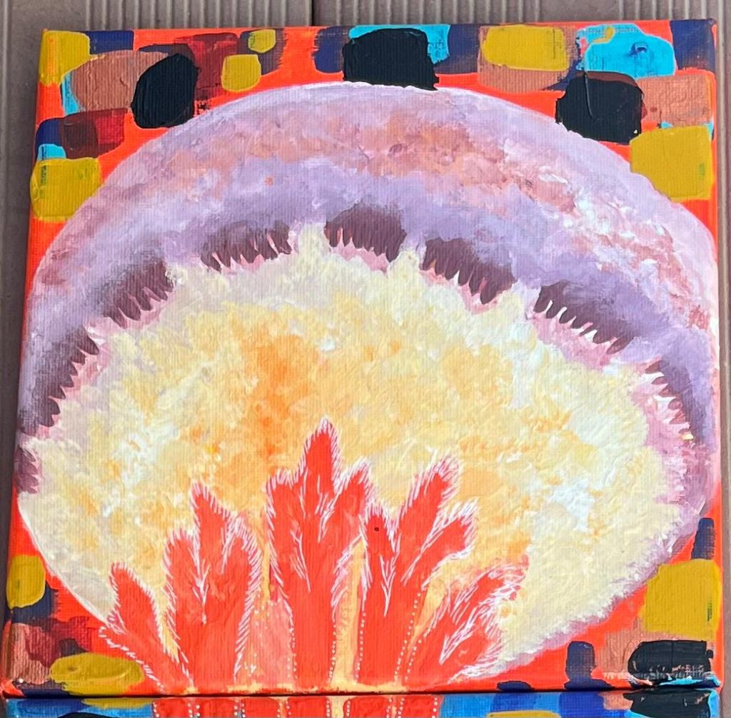 Detail of the cuttlefish painting representing the midwater layer in the acrylic triptych Vertical Journey Through the Ocean.