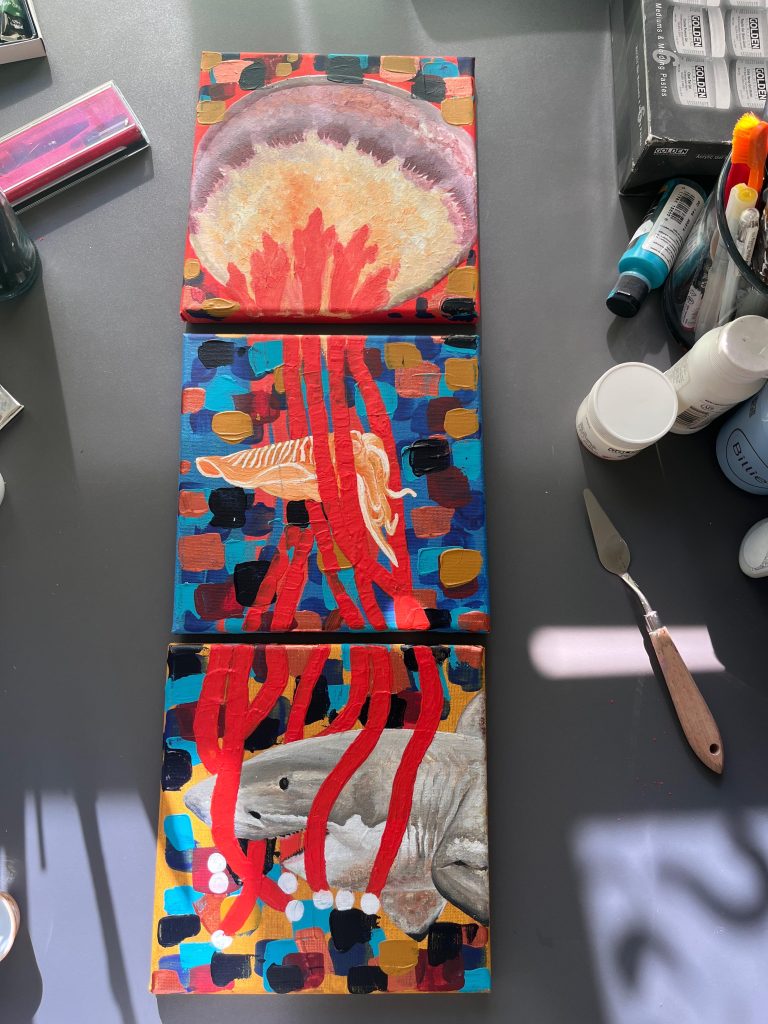 Creative process of the acrylic triptych Vertical Journey Through the Ocean in the artist's studio.