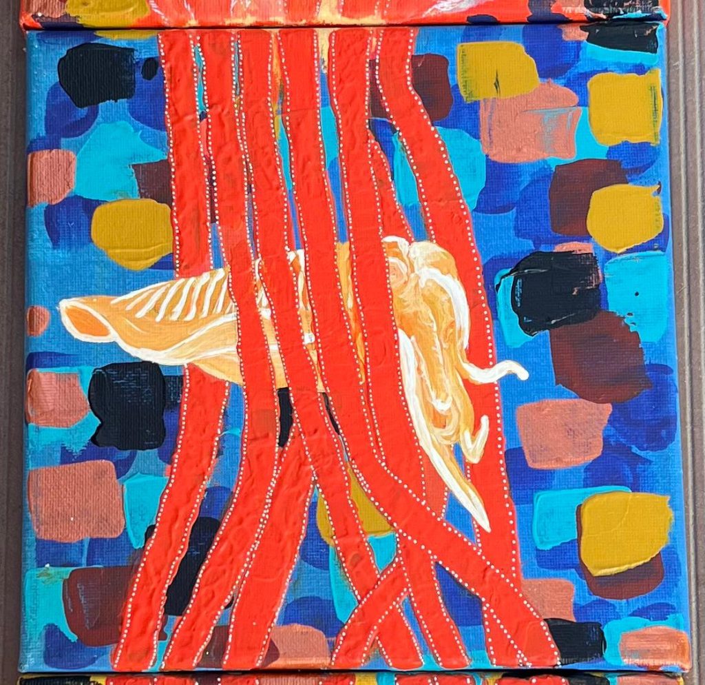 Detail of the cuttlefish painting representing the midwater layer in the acrylic triptych Vertical Journey Through the Ocean.