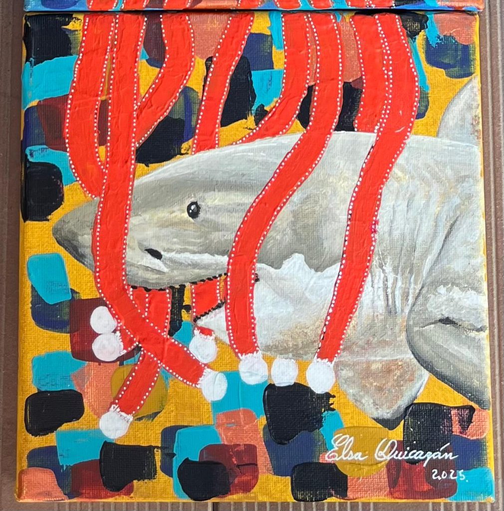 Detail of the shark painting representing the deeper part of the ocean in the acrylic triptych Vertical Journey Through the Ocean.