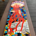 Vertical Journey Through the Ocean, hand-painted acrylic triptych inspired by marine life, featuring a jellyfish, cuttlefish and shark