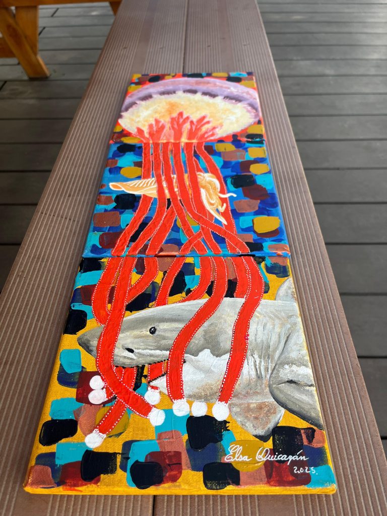 Vertical Journey Through the Ocean, hand-painted acrylic triptych inspired by marine life, featuring a jellyfish, cuttlefish and shark