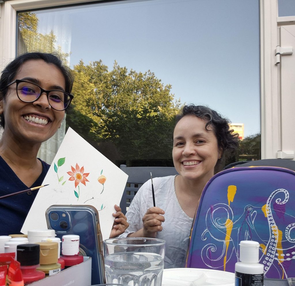 Elsa Quicazán and a dear friend painting The Traveling Octopus during its development
