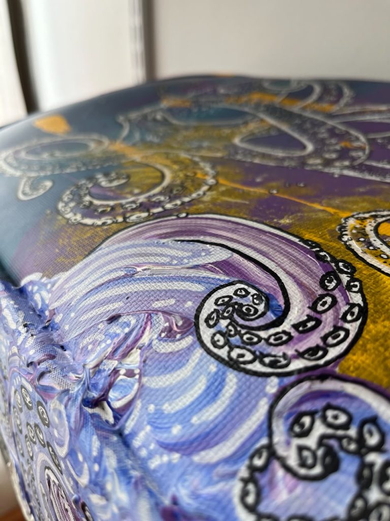 Close-up showing the acrylic texture and brushwork of The Traveling Octopus.