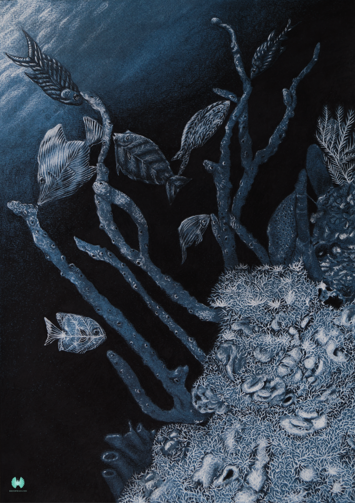 Tree of Fish, original colored pencil illustration inspired by coral reefs and marine biodiversity by Elsa Quicazán.