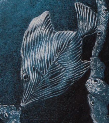 Close-up of a fish in Tree of Fish showing leaf-like venation.
