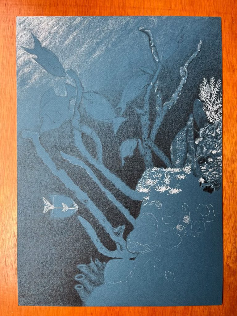 Early stage of Tree of Fish colored pencil illustration.