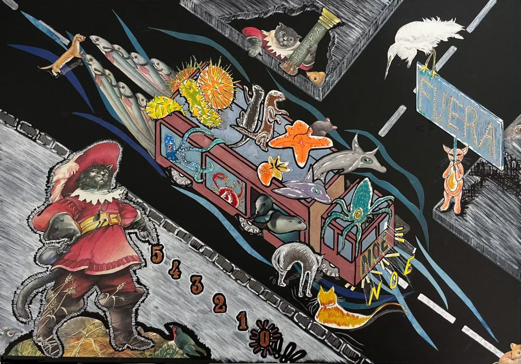 Mixed-media illustration showing marine animals arriving on land in a symbolic story about biodiversity and our relationship with the ocean.