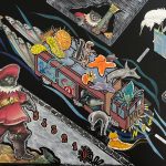 Mixed-media illustration showing marine animals arriving on land in a symbolic story about biodiversity and our relationship with the ocean.