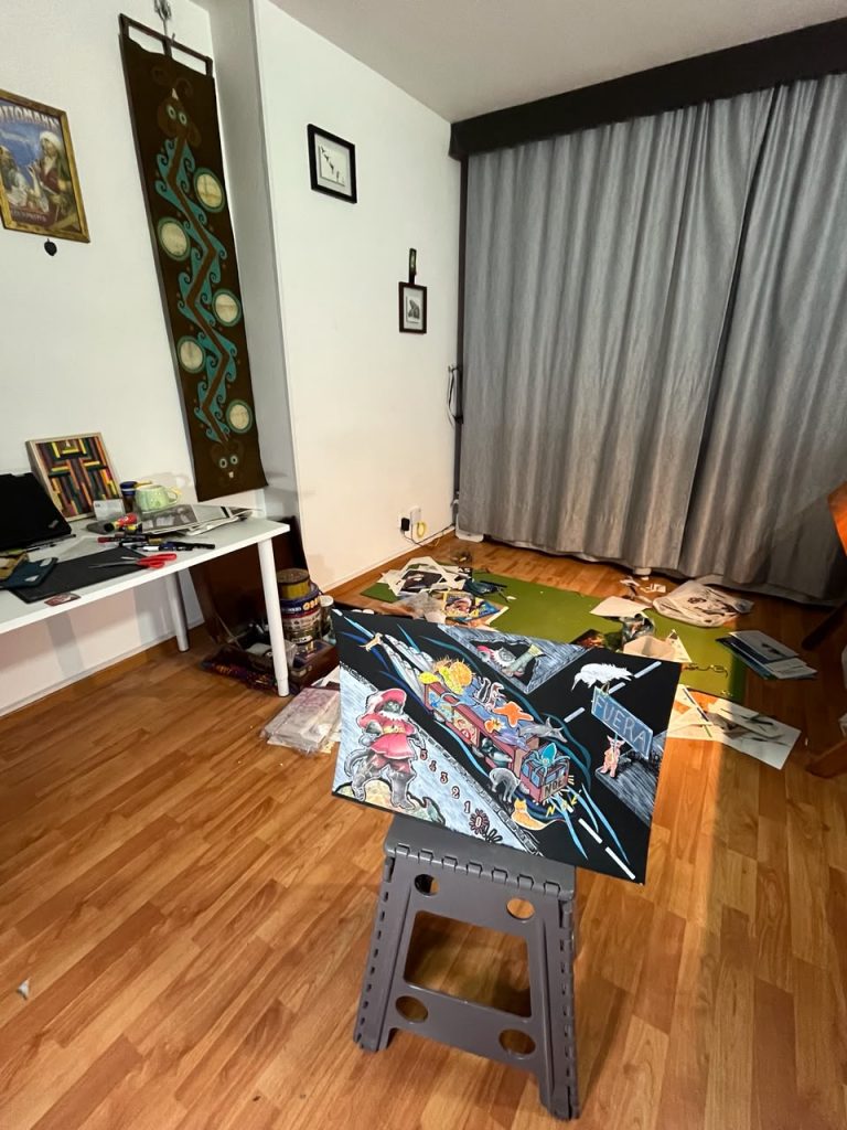 Work in progress of Turning Our Backs on the Sea in the artist's studio.