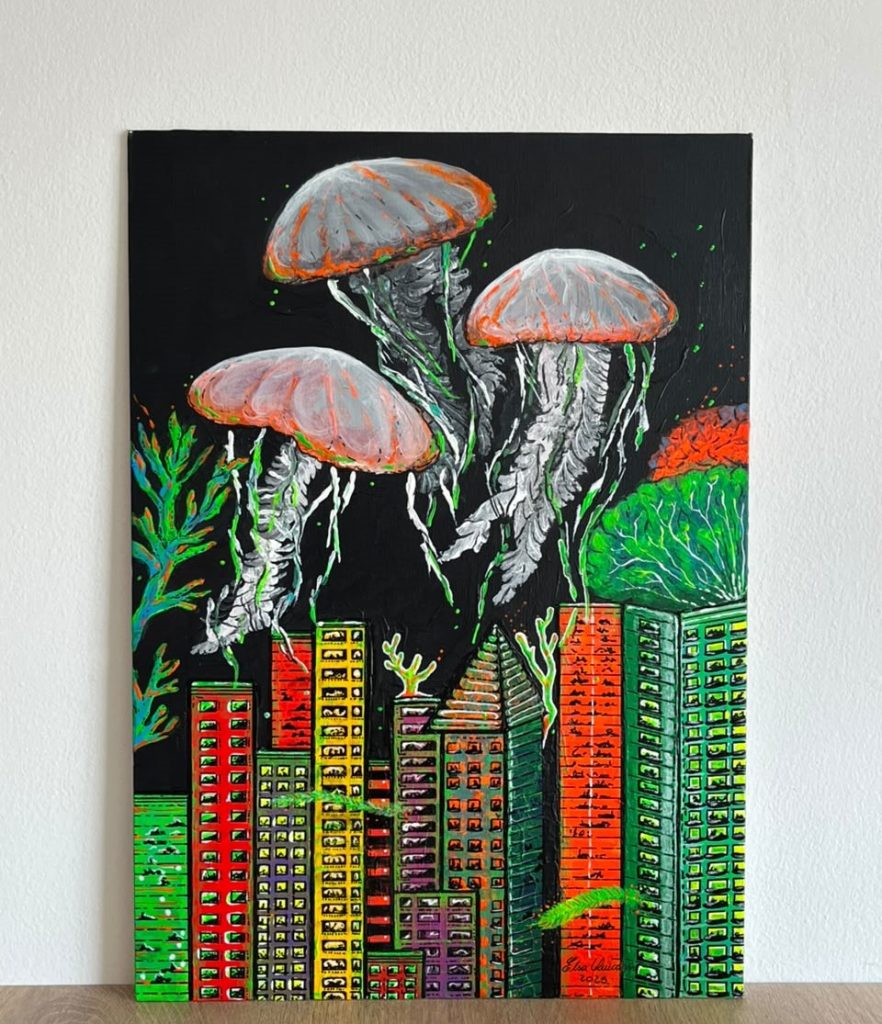 Acrylic painting "Without the Ocean, There Is No City" by Elsa Quicazán, showing jellyfish floating above a colorful city skyline.