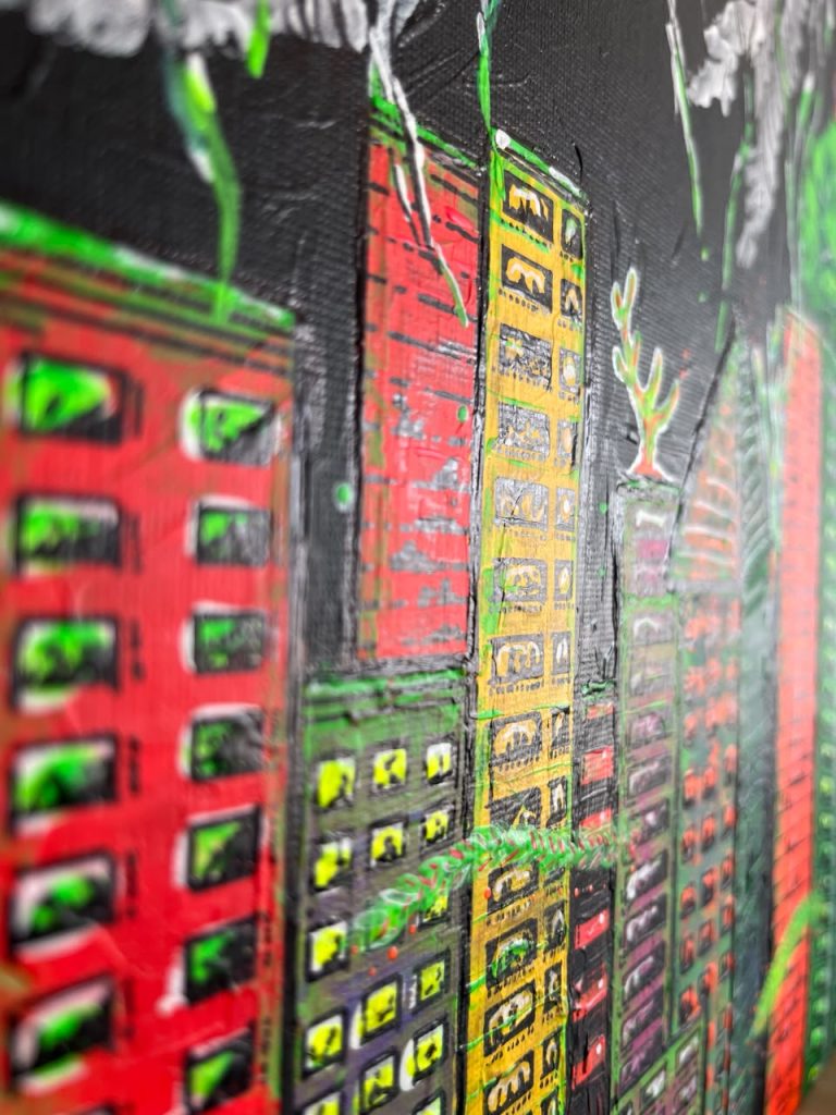 Close-up of the colorful city skyline painted in acrylic in "Without the Ocean, There Is No City."